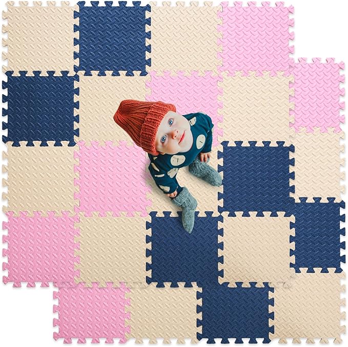 Foam Floor Mats for Kids, 12 x 12 Inch 16 Tiles 0.4" thickness Foam Play Mat, Non-Toxic Square Interlocking Floor Mats Rubber Baby Play Mat for Toddlers(Beige/Dark Blue/Pink)