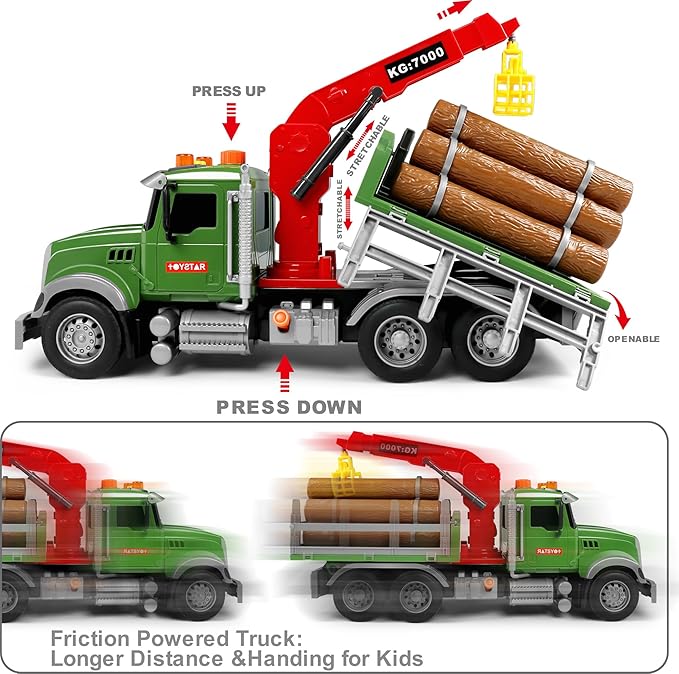 Dwi Dowellin Kids Toys for 3 4 5 6 7 Years Old Boys,15" Large Timber Truck with Loading Crane and 6 Trunks,Birthday Gifts for Boy Toddler Child