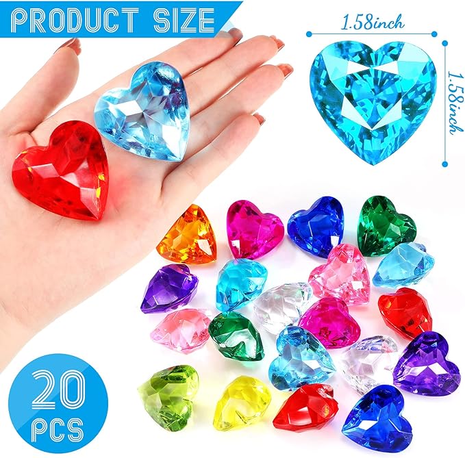 Hicarer 20 Pieces Diving Gem Pool Toys Colorful Big Diamond Pirate Treasure Diving Gems Acrylic Heart Gemstones Summer Beach Underwater Swimming Toys for Kids Swimming Party Favor Pool Training Gift