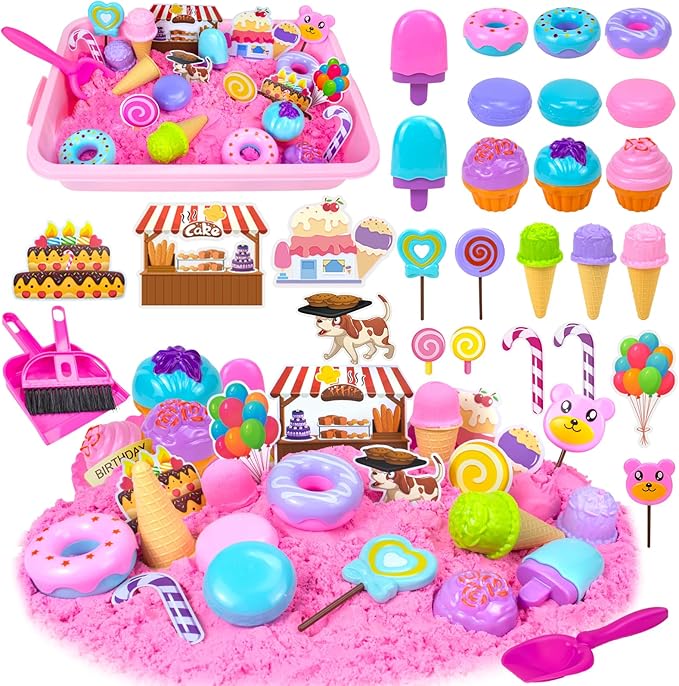 Sensory Bin Toys, Ice Cream Play Sand Set with Sensory Sand, Ice Cream Toy Molds and Cleaning Tools Sandbox with Lid Kids Play Sand Art Kits for Boys Girls 3-8 Years Old Birthday Christmas Gift