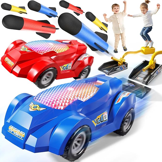 Rocket Toy Car Launcher, 2 Race Car and 6 Foam Rockets, Outdoor Outside Backyard Toys for Boys & Girls, Birthday Gift Toys for Kids Boys Girls Age 3 4 5 6 7 8 Years Old