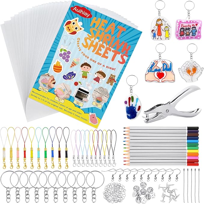 Auihiay 198 Pieces Shrink Plastic Kit Includes 20 Sheets Shrink Papers, Hole Punch, Keychain Accessories and Pencils for Shrinky Art and DIY Keychain Making Easter Mother Day Ornament