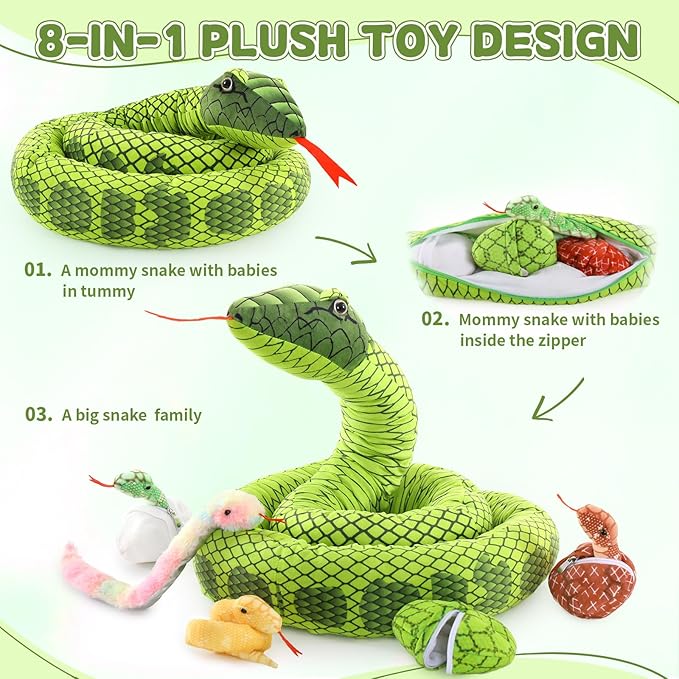 MaoGoLan 118 inch Giant Green Stuffed Snake, Realistic Mommy Snake with 4 Babies & 3 Eggs Plush Toy, Large Green Boa Constrictor Stuffed Animal for Boys Girls Kids Christmas Easter Gift