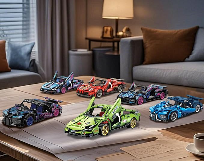 Sosuy Building-Block Race-Car Set, 1:18 Technical Model Kit 586 Pcs DIY Green Pull-Back Toy for Boy Girl Kid Age 6+ Year, Birthday Gift for Teen Adult Display, Speed Super Sports Cars Bricks Icons