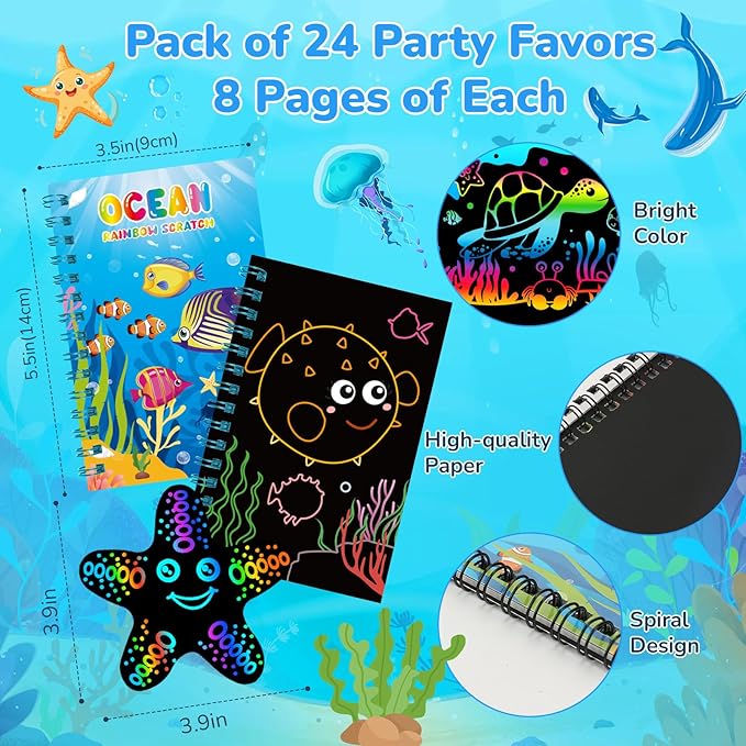 24 Pack Under the Sea Scratch Art Party Favors for Kids - Rainbow Scratch Paper with Ocean Animals Scratch Off Cards Easter Birthday Goodie Bags Stuffers - Return Gifts DIY Classroom Prizes
