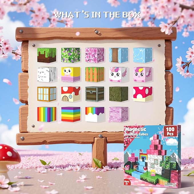 Magnetic Blocks for Girls - 100 PCS Magnet Block Stacking Sensory STEM Outdoor Cubes Game for 3+ Years Old Boys&Girls Children Birthday Easter Gift, 3D Tiles Construction Weekends Toy Set, 0.8in