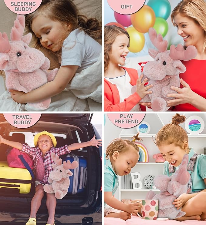 DolliBu Baby Pink Moose Stuffed Animal - Super Soft Stuffed Animals for Girls and Boys, Adorable Stuffed Wild Creatures for Kids and Cute Wild Animals Cuddle Stuffed Animals for Adults - 8.5 Inches