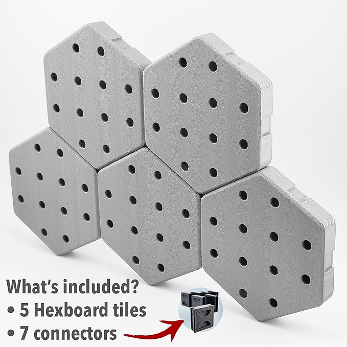Hexagon Pegboard Tiles, 4.5"x4" each, 5-Pack, Normal-Sized Holes, Make Custom Designs, Easiest to Mount, Expand Existing Pegboard or Fill In Unused Space, Hexboard (Steel Gray, 4-inch)