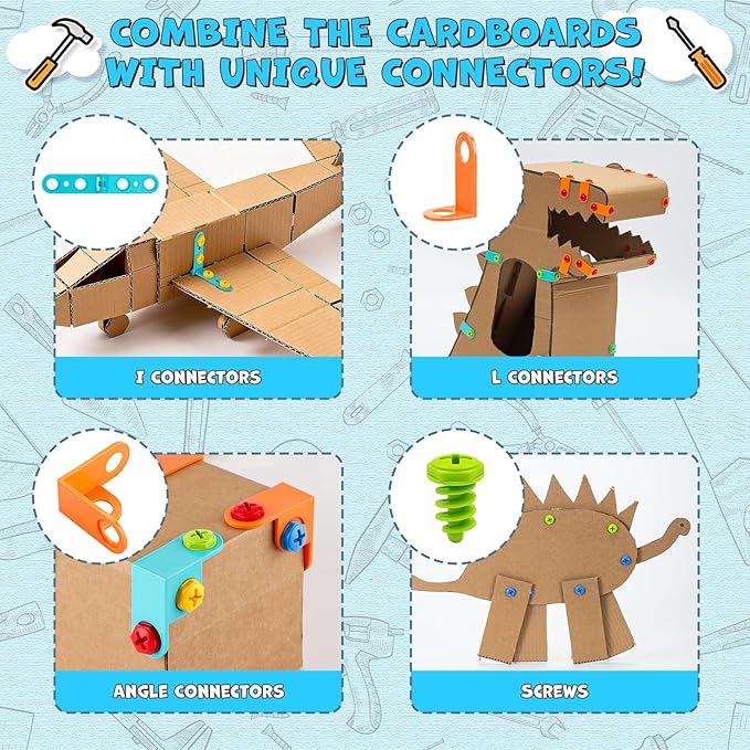 196 PCS Cardboard Cutter for Kids, Reusable Safe Cardboard Tools for Kids with Box, Gloves, Screws, Connectors, Screwdrivers, Saws, Educational Toys for 5 6 7 8 Year Old, Birthday Gift for Boys Girls
