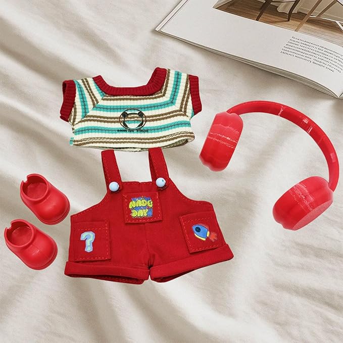 17cm Doll Clothes(No Doll), Cute Dolls Outfit Accessories with Red Overalls + T Shirt + Shoes, Fashion Adorable Clothing Set for Doll