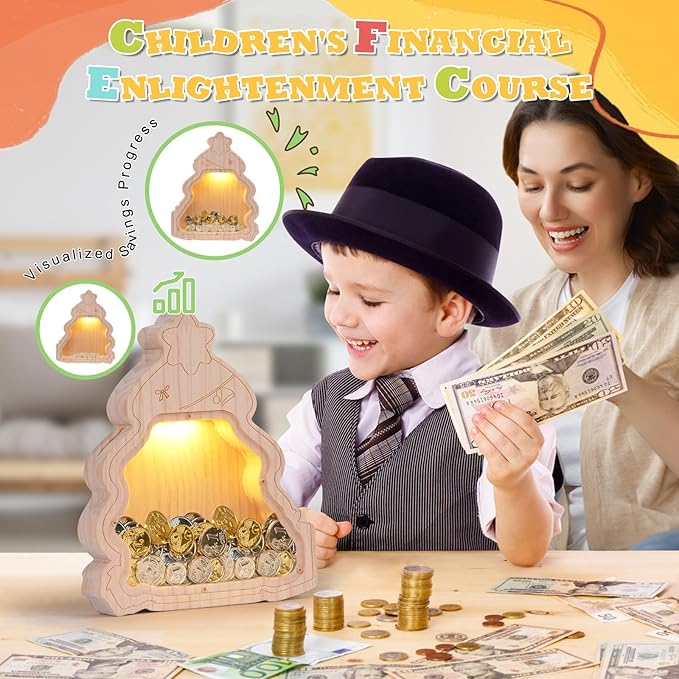 Wooden Piggy Bank for Kids, DIY Night Light Personalized Money Bank for Boy, Girl, Unbreakable Saving Box with Paintbrush and 12 Paints, Coin Jar Gift for kids Birthday&Decor (Xmas-tree）