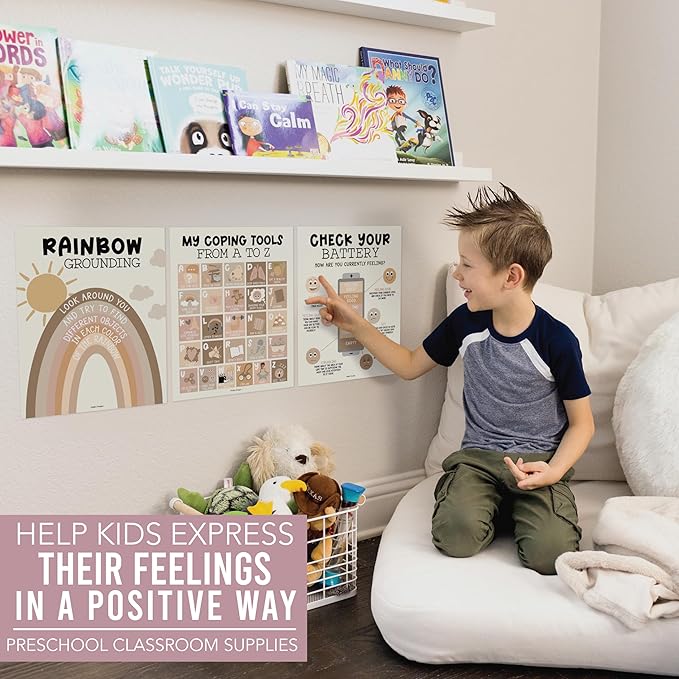 Hadley Designs 9 Calming Corner Posters For Classroom Must Haves For Teachers - 11x14 Calm Down Corner Supplies, Feelings Chart For Kids Ages 4-8, Feelings Wheel Poster, Boho Classroom Decor