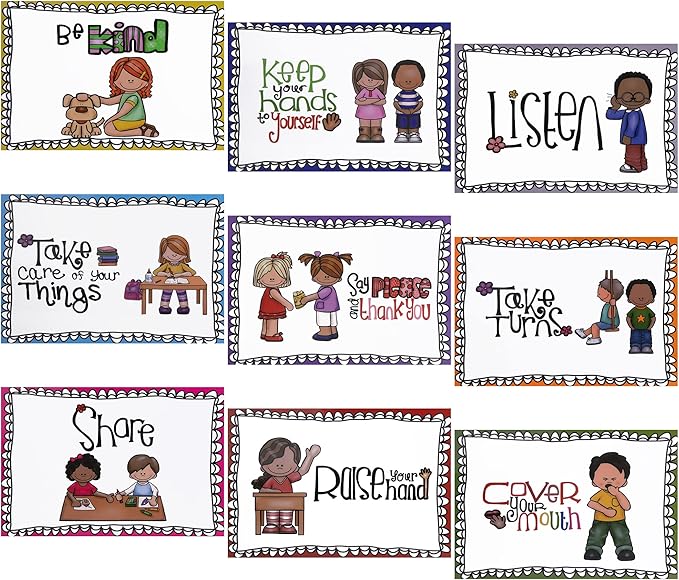 Alpurple 9 Pcs A4 Classroom Rules Posters, Preschool Class Rules Poster, Classroom Rule Behavior Educational Posters, Good Habits Manners Chart for Preschool and Primary school Supplies