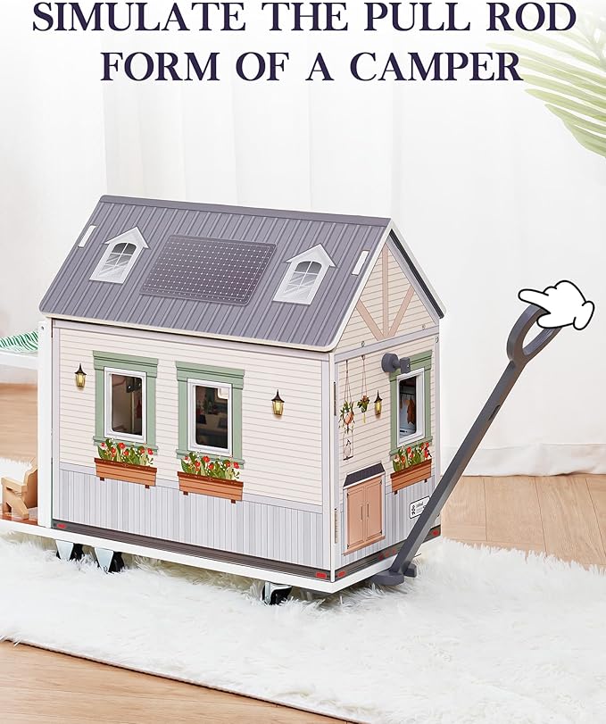 ROBOTIME Doll House, Wooden Dollhouse with Wheels for Girls, Pretend Play RV Set Dollhouse Moveable with 10+Pcs Furniture Accessories, Gift for Kids Ages 3+