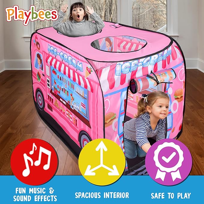 Playbees Musical Ice Cream Truck Pop Up Play Tent with 3 Openings - Tent for Toddlers - Indoor & Outdoor - Pop Up Tents for Kids - Includes Carry Bag and Sound Button- 43.5x28x26.5 Inch