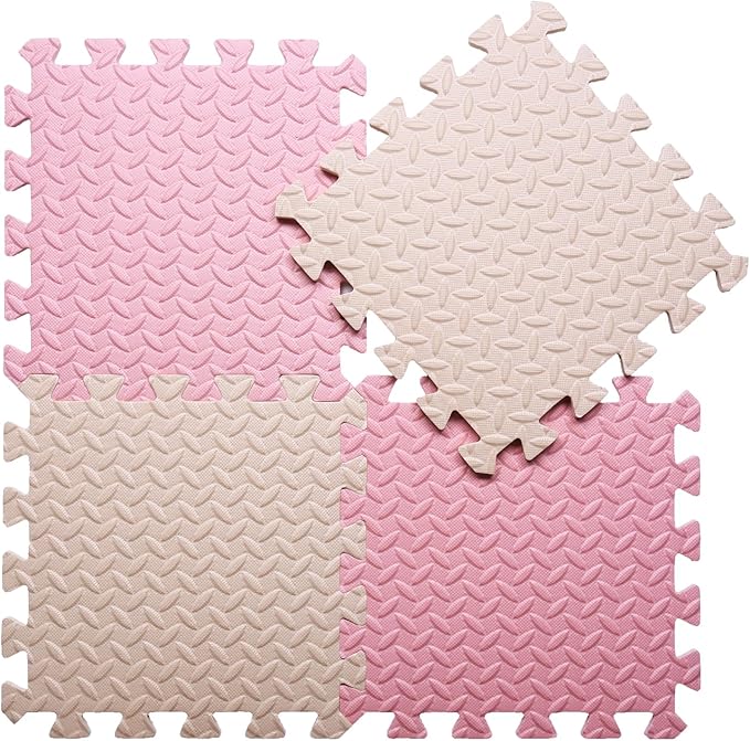 Foam Play Mat for Baby, 0.4 Inch Thick Foam Interlocking Floor Mats, Soft Non-Toxic Baby Playmat, Solid Colored Puzzle Play Mat Kids Floor Mats, 16 Tiles, Beige/Loli Pink