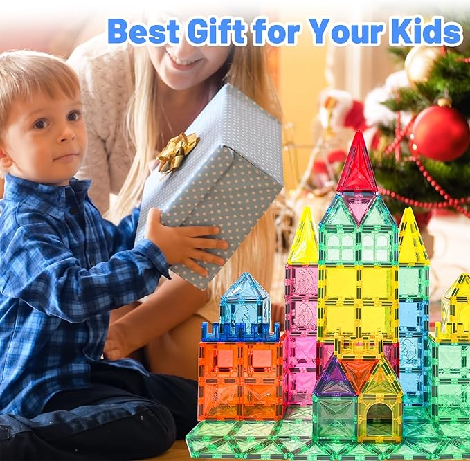 Magnetic Tiles, 100PCS Kids Magnetic Blocks Toy Set, Magnet Tiles 3D Clear Building Blocks Set with 2 Cars, STEM Sensory Educational Toys Gift for Toddlers Boys 3 4 5 6 7 8 9