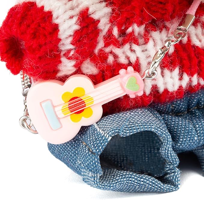 5 Pieces Doll Clothes for Labubu - Kawaii Chic Style Set for 17cm Dolls, Cute Doll Outfit with Accessories - Grey Bear Ears Hat + Red Sweater + Blue Jeans + Glasses + Small Guitar (Clothes Only)