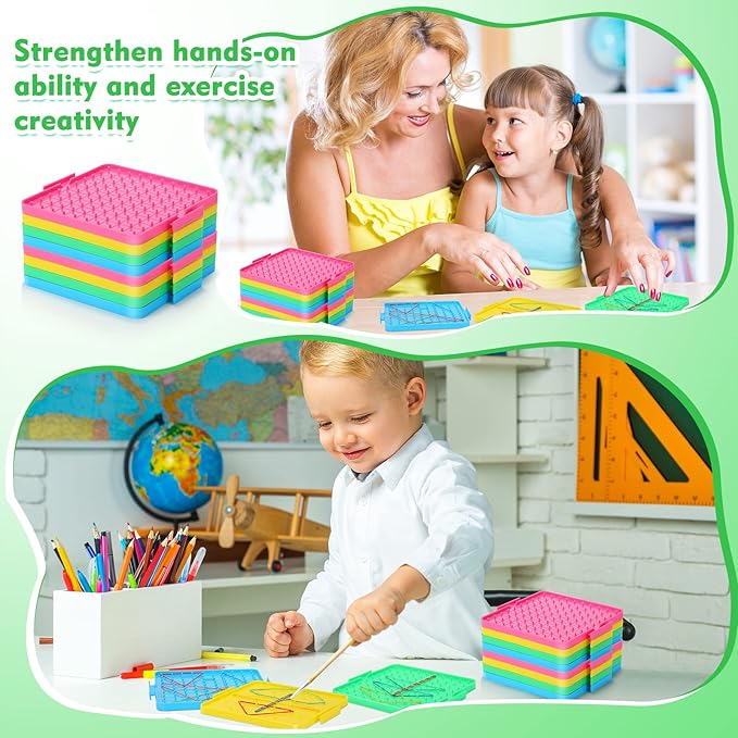 Teling 16 Pack Double Sided Geoboard Math Manipulatives Plastic Geoboards with Rubber Bands Geometry Manipulatives Educational Toy for Geometry, Creativity, Fine Motor Skills (Simple, 6.3 Inch)