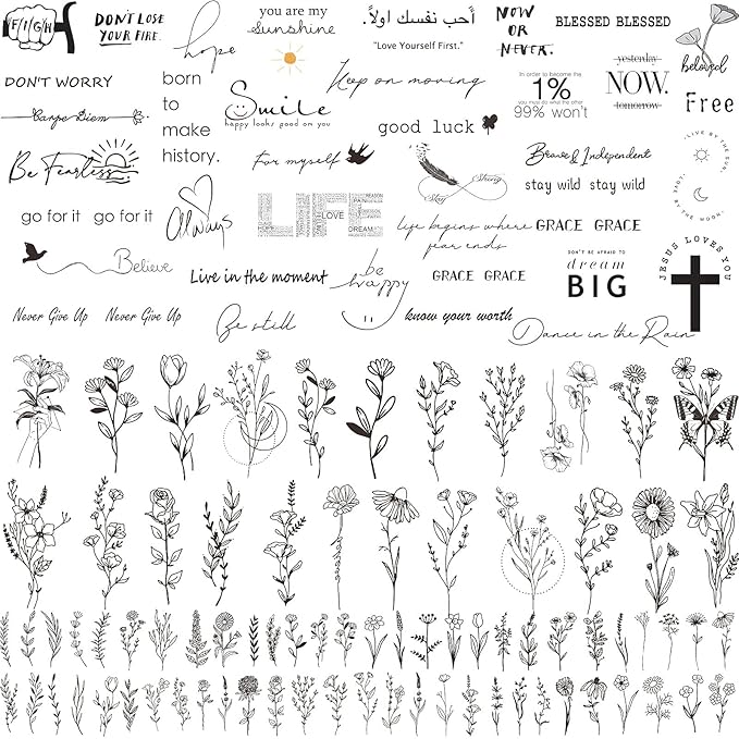 160+ PCS 74 Sheets Realistic Three Types Fake Temporary Tattoos, Include 40 Sheets Inspirational Quotes Words Tattoos, 22 Sheets Wild Flower Tattoos, 12 Sheets Small Flower Tattoo Stickers For Women