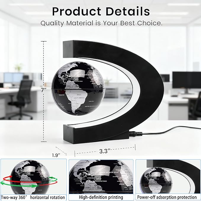 Magnetic Levitation Floating Globe with LED Light Anti Gravity Levitating World Map Office Home Bedroom Desk Gadget Decor Unique Birthday Gift for Men Kids Husband Boss