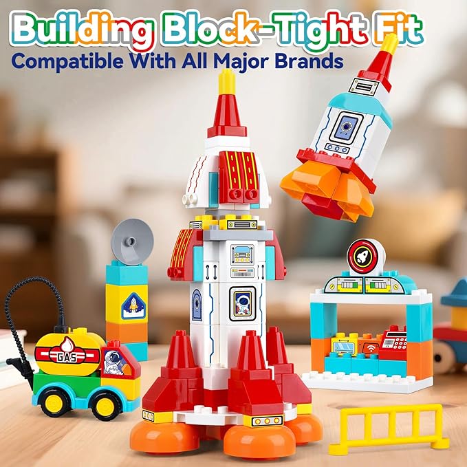 Building Blocks for Toddlers 1-3-5, 131 Pcs Space Rocket STEM DIY Big Classic Building Bricks Toys Set for Kids Ages 2-4-5-8, Compatible With All Major Brands, Spaceship Gift Toy for 3-5 Boys Girls