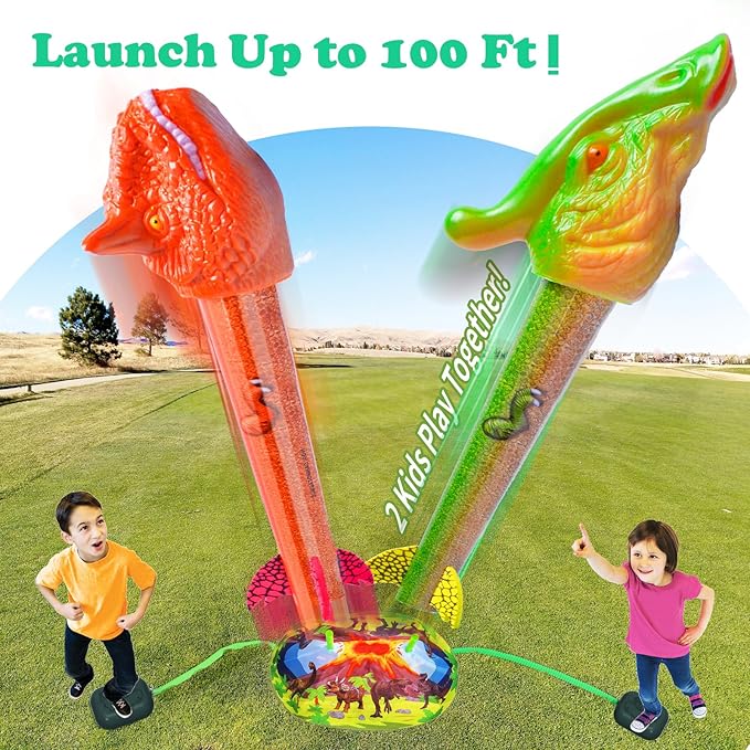 Dinosaur Rocket Launcher for Kids - Launch Up to 100 Ft, 8 Rockets and 2 Pads for Multi-Player, Dinosaur Toys, Birthday Gift Ideas, for 3 4 5 6 7 Year Old Boys, Outdoor Outside