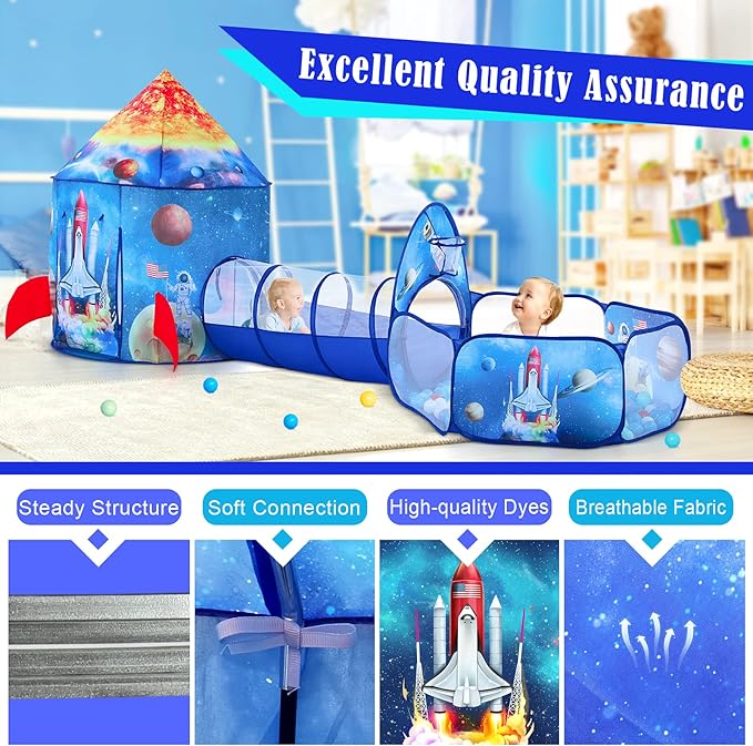 3PC Ball Pits for Toddlers with Kids Play Tent and Kids Tunnel for Boys & Girls, Baby Pop Up Playhouse Toy for Indoor/Outdoor Games, Astronaut Ships Birthday Gifts for Years Old