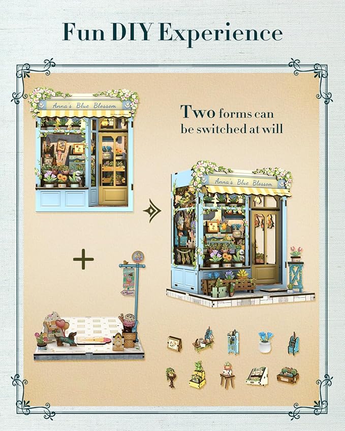 Cutefun Book Nook Kit - DIY Miniature House Kit for Adults and Teens, 3D Wooden Puzzle Mini House Building Kit with LED, Dollhouse Kit Bookshelf Insert Decor Creative Gifts (Anna's Blue Blossom)