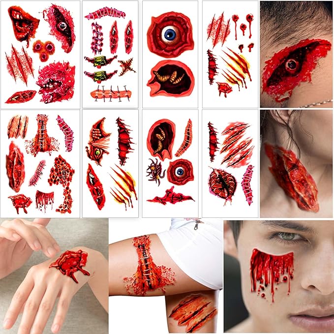 Yazhiji 42 Sheets Halloween Temporary Tattoo Family Set Day of Dead Pumpkin Ghost for Women Black Fake Death Skull Skeleton Tatoos for Men Boy and Girl, Halloween Zombie Makeup Tattoo Kit