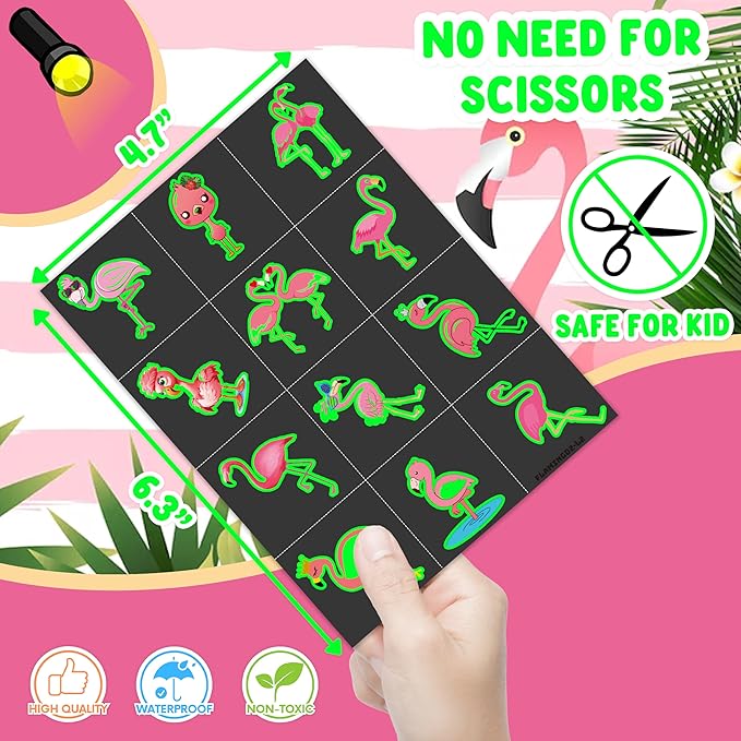 96 PCS Funny-Flamingo Glow In The Dark Pre-Cut Temporary Sticker Summer Tropical Hawaiian Luau Birthday Supplies Gifts Girls Boys Baby Showers Prizes Cute School Reward Themed (Luminous)