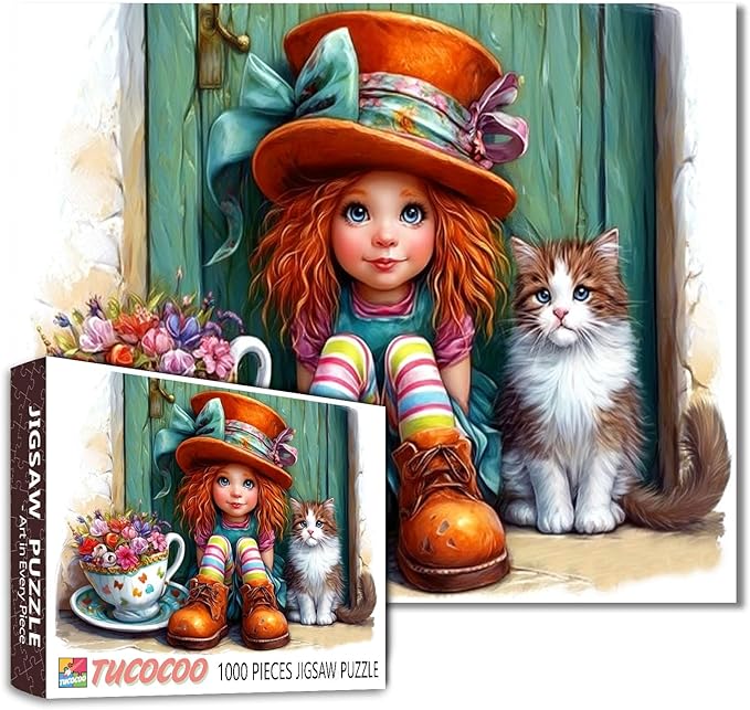 Tucocoo Cute Girl and Cat 1000 Piece Jigsaw Puzzle for Adults, Fantasy Art Puzzle with Tea Cup Flowers, Colorful Socks, Big Hat, Cozy Cottage for Relaxation and Gifts, Challenging Puzzles, Home Decor