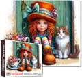 Tucocoo Cute Girl and Cat 1000 Piece Jigsaw Puzzle for Adults, Fantasy Art Puzzle with Tea Cup Flowers, Colorful Socks, Big Hat, Cozy Cottage for Relaxation and Gifts, Challenging Puzzles, Home Decor