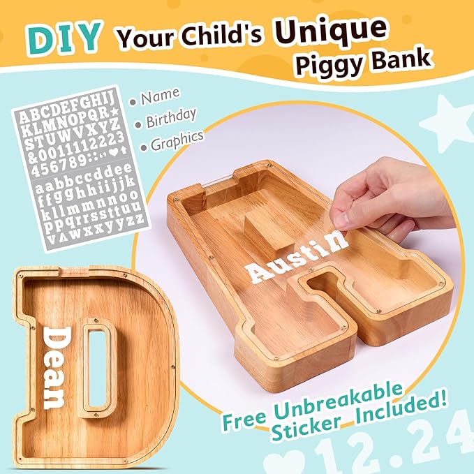 SummiDate Wooden Letter Piggy Bank| Piggy Bank for Boys Girls Toddler| Alphabet D Money Bank| Coin Bank Birthday Gift for Kids|Birthday Gift for Kids (D)