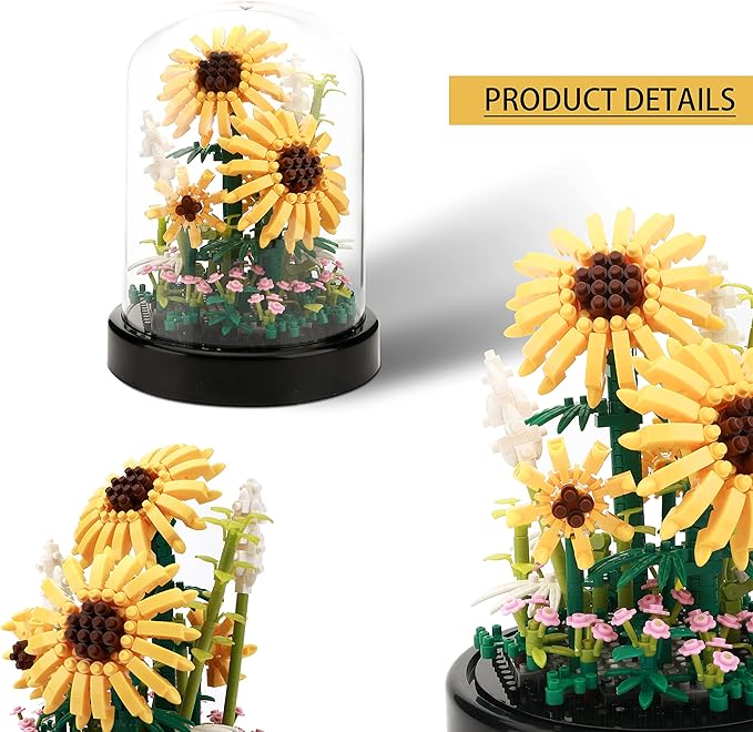 Sunflower DIY Building Blocks Kit - 545 PCS Botanical Flower Bouquet Micro Bricks for Adults & Kids Ages 6+, Creative STEM Gift, Home & Office Decor with Dust Cover