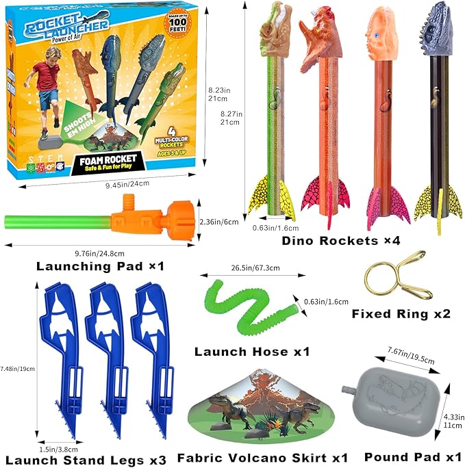 Dinosaur Rocket Launcher for Kids, 4 Rockets with Launcher Pad, Launch Up to 100 Ft, Dinosaur Toys for Kids, Outdoor Toys, Birthday Gifts for 3 4 5 6 7 Year Old Boys Girls