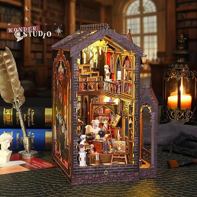 DIY Book Nook Kit - DIY Miniature Dolls House Kit with Furniture and LED Light, 3D Puzzle Wooden Art Bookends, Model Kits for Adults to Build (Wonderful Studio)