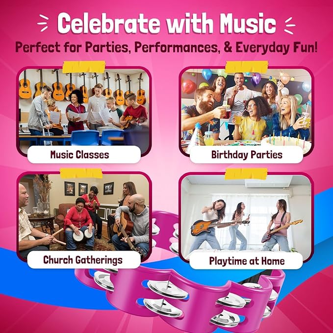 Flexzion Flower Tambourine - 8 Inch Handheld Percussion Instrument w/Metal Jingles & Ergonomic Grip - Small Tambourines for Adults, Kids, Church, Parties, & Musical Events (2 Pack - Blue & Pink)