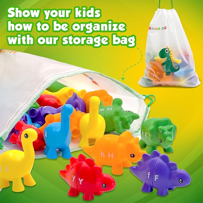 Bambibo Dinosaur Alphabet Learning Toys - 52pc in Storage Box | 26 Double Sided Dino Matching Toys | Preschool Dinosaur Letter Matching Toy for Toddlers 3-5