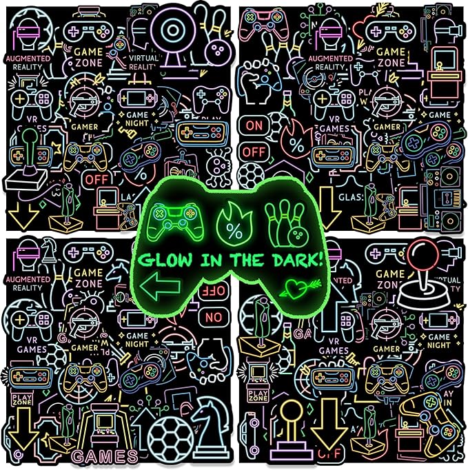 52 Pcs Glow in The Dark Neon Game Stickers for Kids, Water Bottle Stickers for Kids Vinyl Waterproof Gaming Laptop Decals for Teens Girls Boys