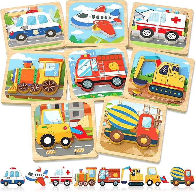 Benresive Wooden Toddler Puzzles, Montessori Toys for 1 2 3 Year Old Boys, Toys for 1 2 3 Year Old Boy Birthday Gifts, 8 Pack Vehicle Toddler Learning Educational Puzzles