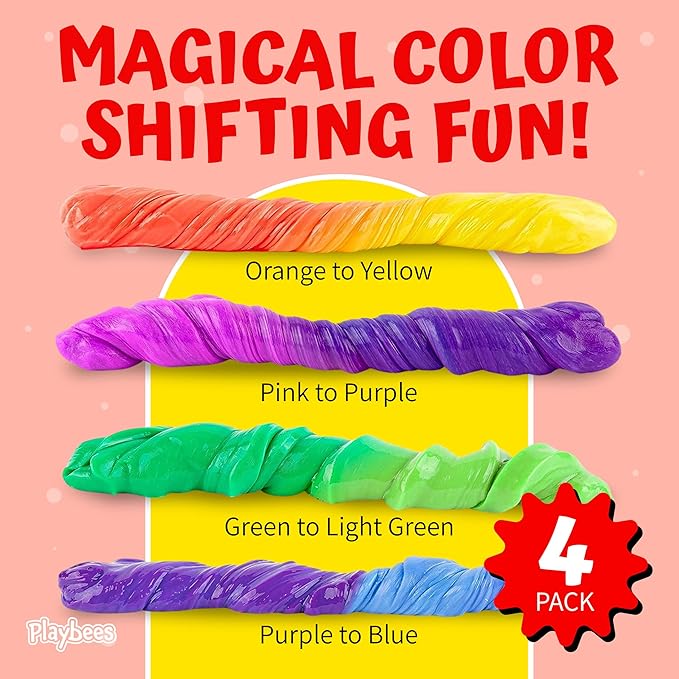 Playbees Color Changing Therapy Putty 4 Pack - Silly Mini Thinking Slime for Sensory Play, Educational Games, Fidget Toy 8-15 - Heat Sensitive Magical Color Shifts - Slime Party Favors 2 Oz