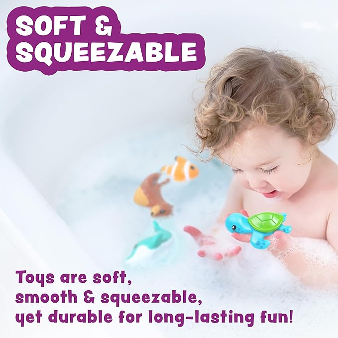 Tub Works® Marine™ Mold Free Bath Toys, 6 Pack | Sealed, No Hole Bath Toys Design Keeps Moisture Out | Soft, Squeezable & Float on Water | Easy-Grip Baby & Toddler Bath Toy Set | Great Baby Pool Toys