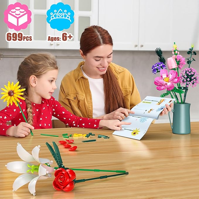 Flowers Bouquet Building Set, Flower Botanical Collection Building Toys, Home & Office Creative Decoration, Valentine Day, Birthday, Christmas Ideal Gift for Kids, Adults - 699 Pcs