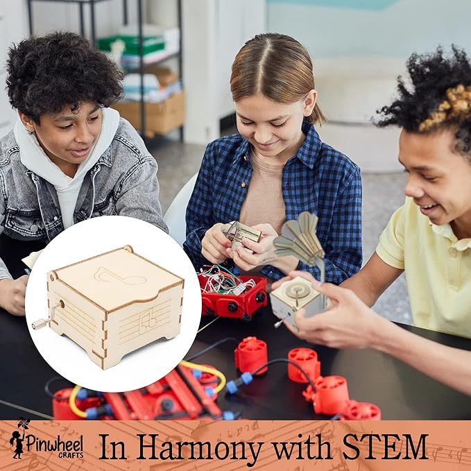Pinwheel Crafts DIY Wooden Music Box Kit for Kids Age 5+ - Make Your Own Music Box Kit with Carousel, Gramophone and Paints - 3-in-1 Wood STEM Set Gift for Boys and Girls