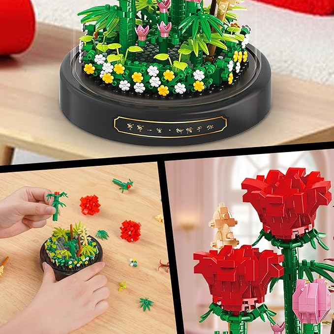 QLT QIAOLETONG Flower Bouquet Building Set, 593 PCS Red Rose Mini Building Blocks Kit for Adults, Flowers Botanical Collection for Home Decor, Mother's Day for Her Mom Women Wife Girlfriend