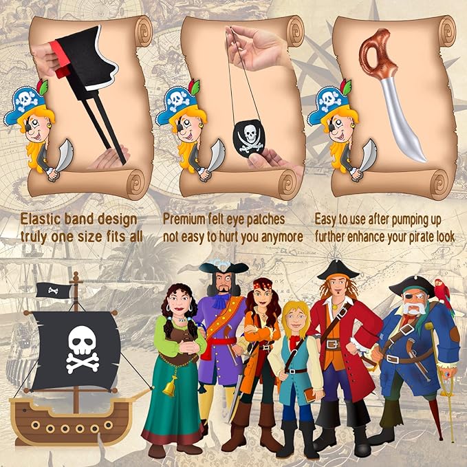 Legigo 72 Pcs Pirate Party Set- Include 24 Pirate Hats, 24 Eye Patches, 24 Inflatable Swords Pirate Accessory for Caribbean Fancy Dress Cosplay Themed Party Stage Prop