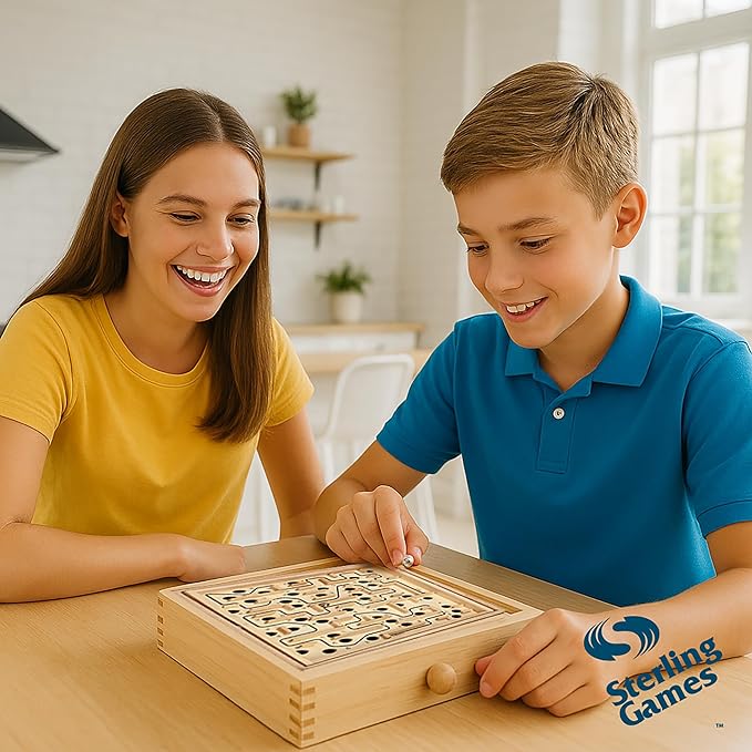 STERLING Wooden Labyrinth Marble Maze Game, Large 12.75" x 11.5" Tilt Maze Game Board with 60 Waypoints and Marble Balls Included, for Kids and Adults 6 Years and Up