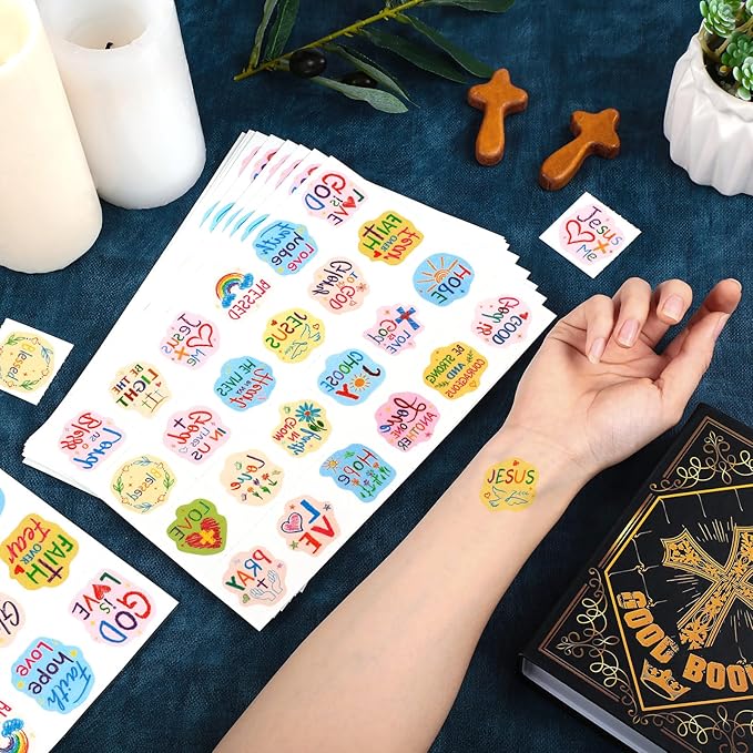 Landhoow 240 Pcs Religious Christian Tattoos Temporary for Kids Glitter Face Tattoos Cool Body Sticker Costume Accessory for Adults Boys Girls Party Favor