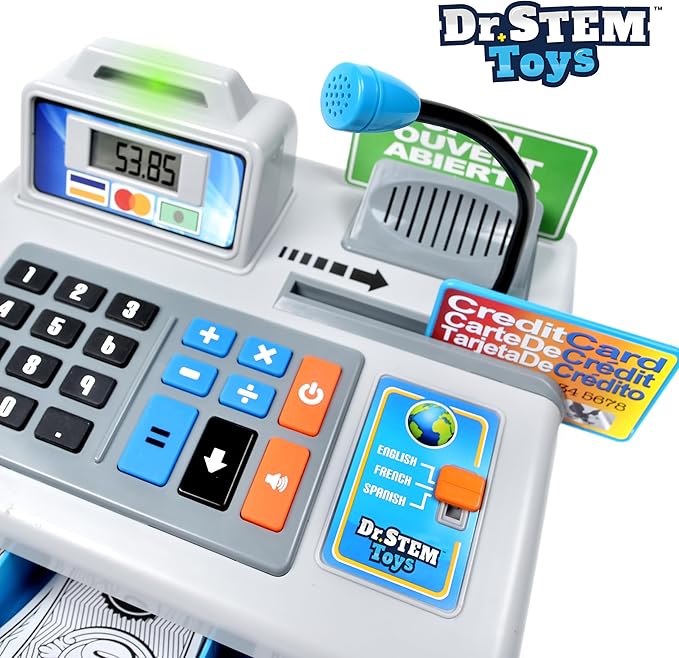 Dr. STEM Toys | Talking Toy Cash Register | STEM Learning 69 Piece Pretend Store with 3 Languages, Paging Microphone, Credit Card, Bank Card, Play Money and Banking for Kids (Silver)